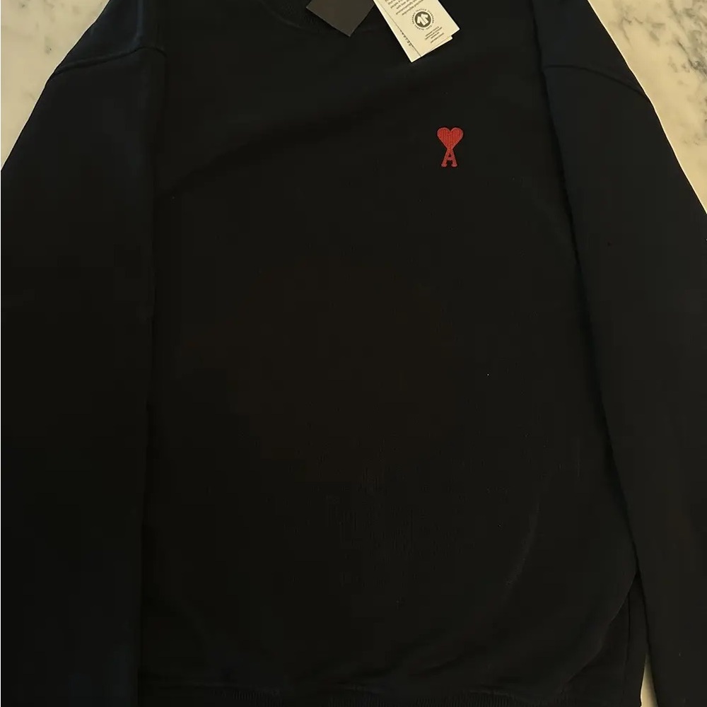 Ami Dark Crewneck Sweater with Red Accent